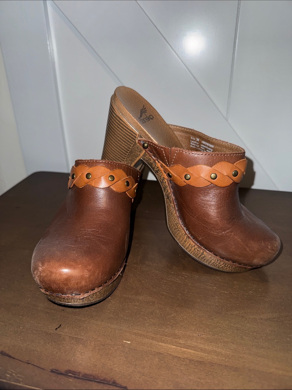 Dansko Women's Brown Leather Clog Mules with Braided Stud Strap